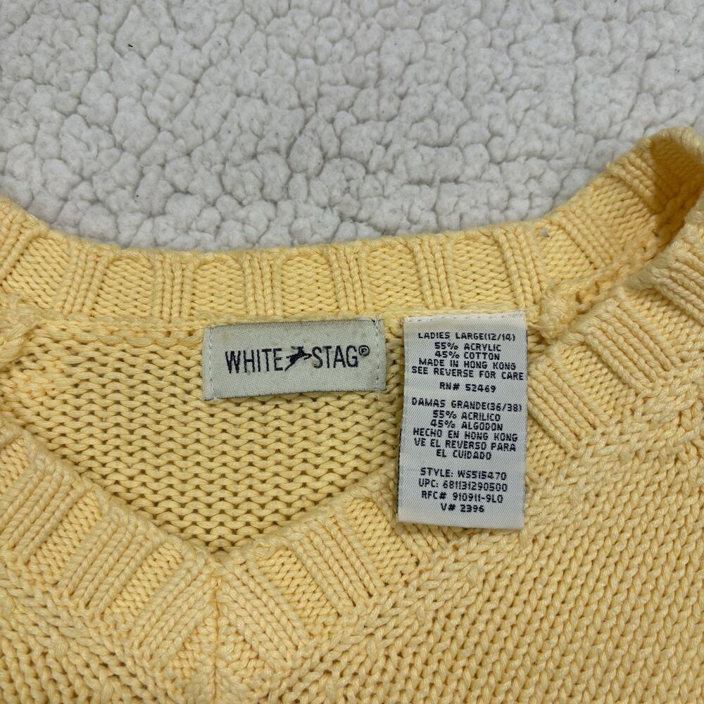 Vintage White Stag Butter Yellow Women's Large V-Neck Chunky Knit Sweater Cotton - Picture 2 of 6